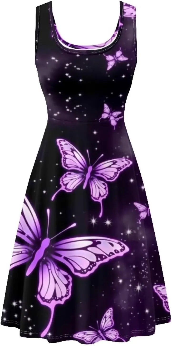 TOADDITDO Women's Sleeveless O Neck Beach A-Line Party Coctail Tank Dresses Flared Sundress