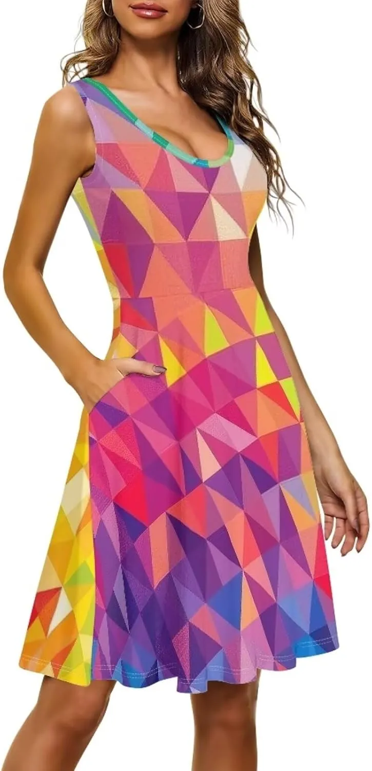 TOADDITDO Women's Sleeveless O Neck Beach A-Line Party Coctail Tank Dresses Flared Sundress