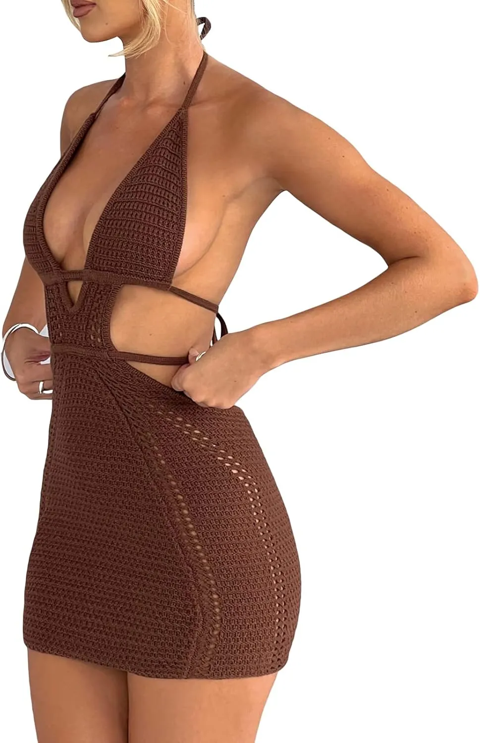 UAURORAO Women Crochet Beach Dress Halter Neck Spaghetti Strap Bodycon Boho Sundress Backless Cut Out Knit Pencil Dress