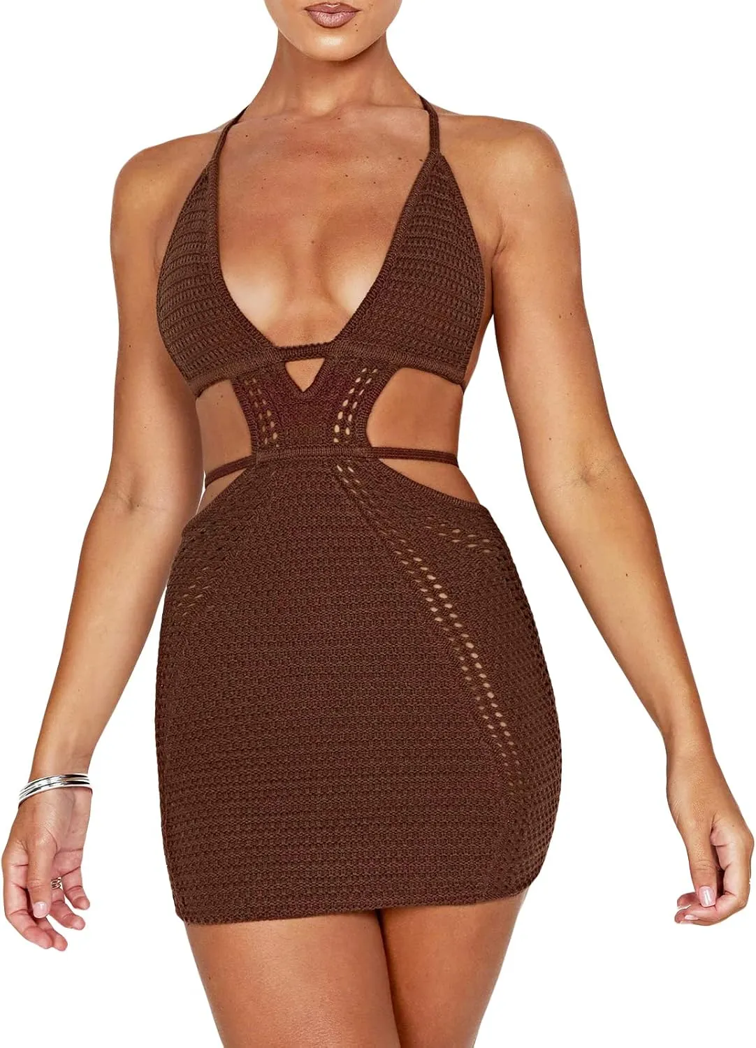 UAURORAO Women Crochet Beach Dress Halter Neck Spaghetti Strap Bodycon Boho Sundress Backless Cut Out Knit Pencil Dress