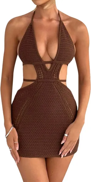 UAURORAO Women Crochet Beach Dress Halter Neck Spaghetti Strap Bodycon Boho Sundress Backless Cut Out Knit Pencil Dress