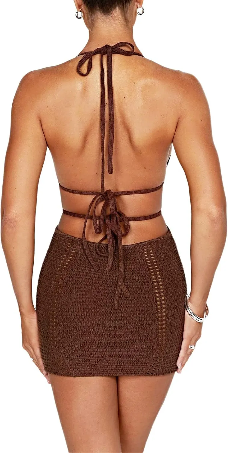 UAURORAO Women Crochet Beach Dress Halter Neck Spaghetti Strap Bodycon Boho Sundress Backless Cut Out Knit Pencil Dress