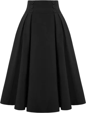 Uillui Womens Gothic Pleated Skirt Vintage 50s Midi Skirt Below the Knee High Waist Button Front Party Casual Flared Skirt