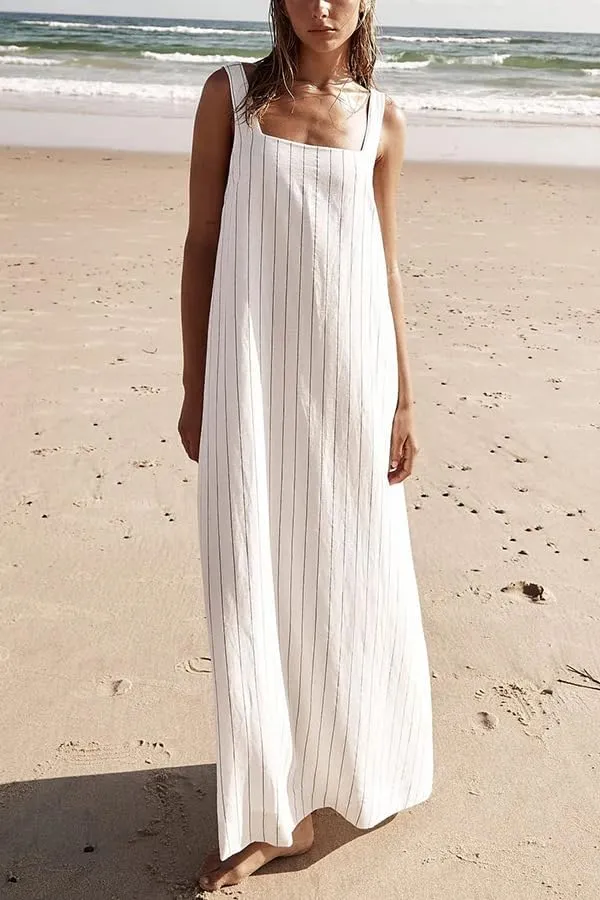 utcoco Women's Summer Striped Sleeveless Tank Dresses Square Neck Swing Boho Maxi Sundresses