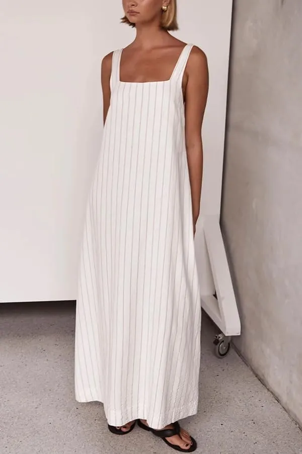 utcoco Women's Summer Striped Sleeveless Tank Dresses Square Neck Swing Boho Maxi Sundresses