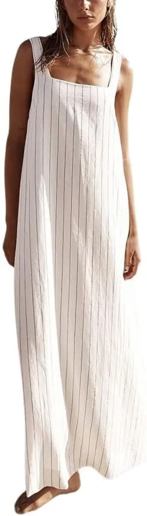 utcoco Women's Summer Striped Sleeveless Tank Dresses Square Neck Swing Boho Maxi Sundresses