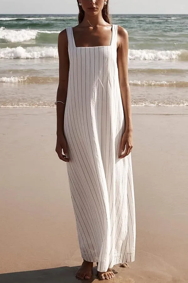 utcoco Women's Summer Striped Sleeveless Tank Dresses Square Neck Swing Boho Maxi Sundresses