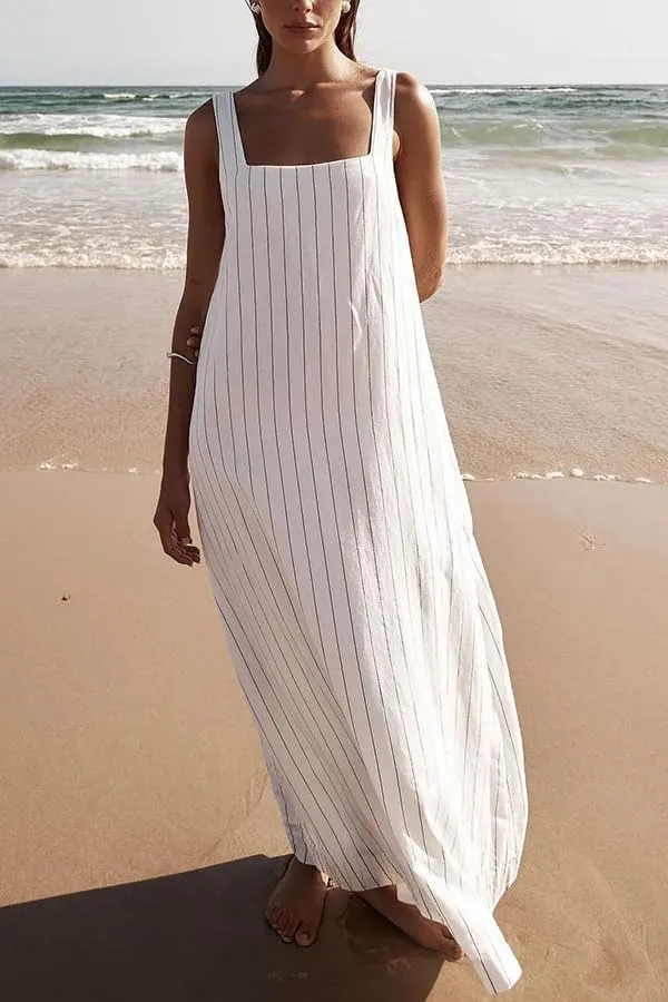 utcoco Women's Summer Striped Sleeveless Tank Dresses Square Neck Swing Boho Maxi Sundresses