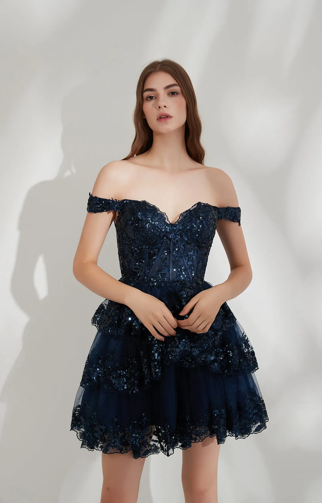 V-neck Lace Sequin Mesh Off-shoulder Princess Puffy Dress