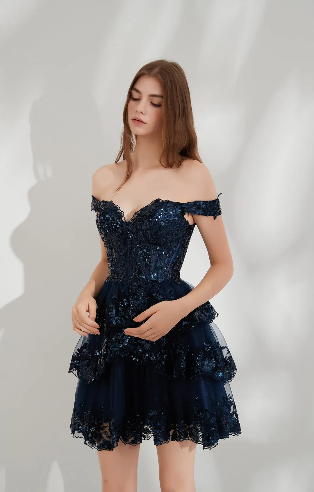 V-neck Lace Sequin Mesh Off-shoulder Princess Puffy Dress
