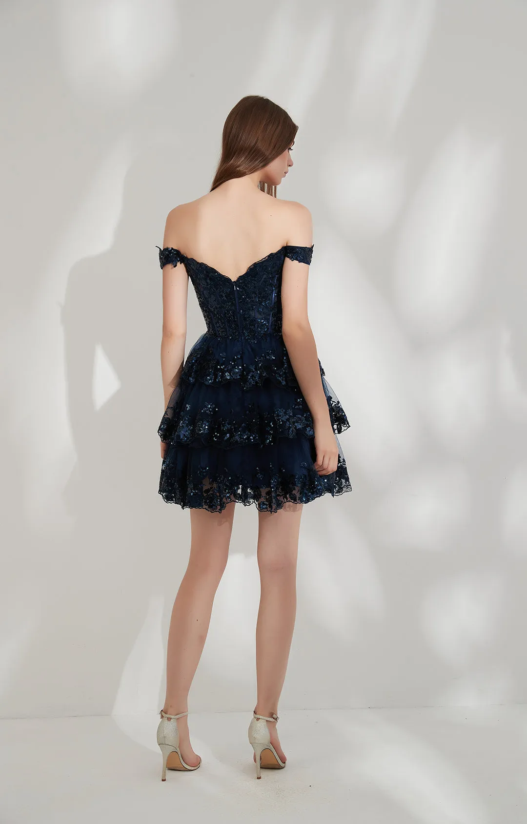 V-neck Lace Sequin Mesh Off-shoulder Princess Puffy Dress
