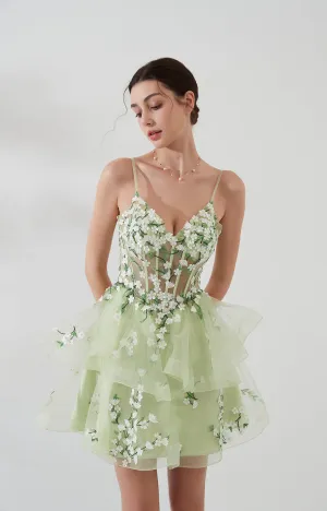 V- Neck Spaghetti Straps Embroidery Applique Puffy Short Dresses