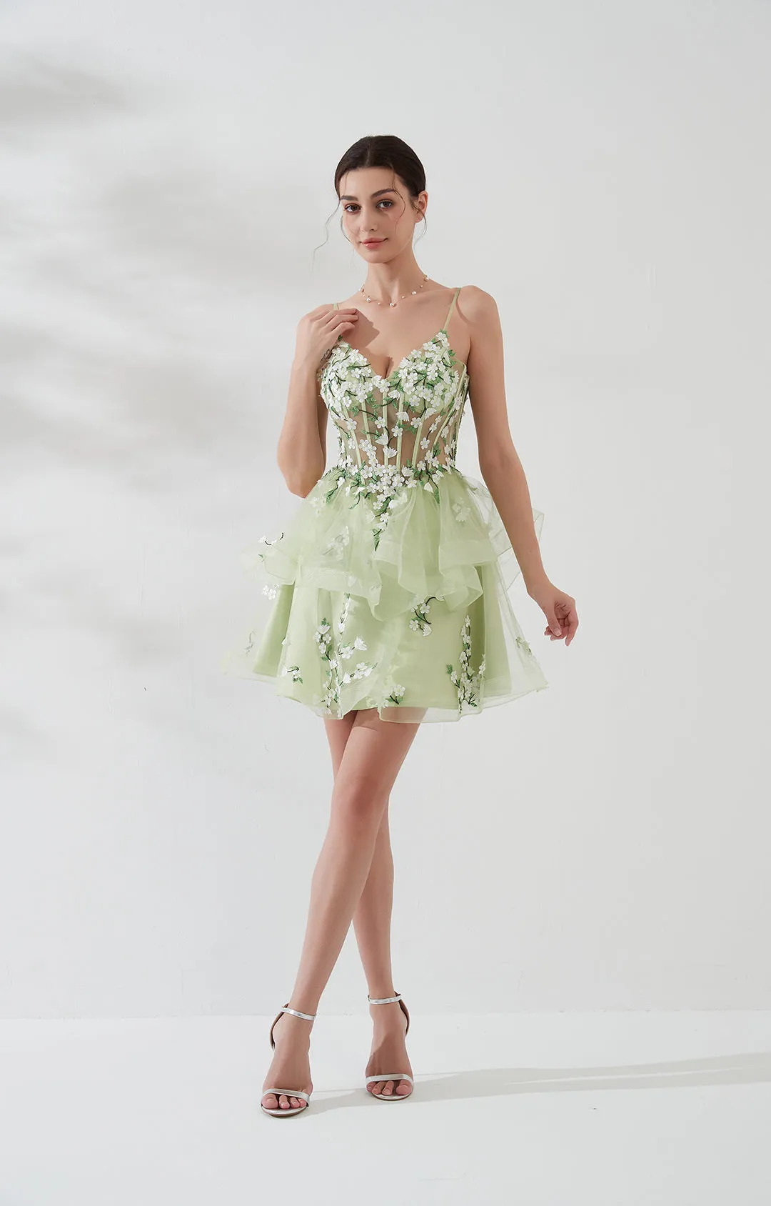 V- Neck Spaghetti Straps Embroidery Applique Puffy Short Dresses