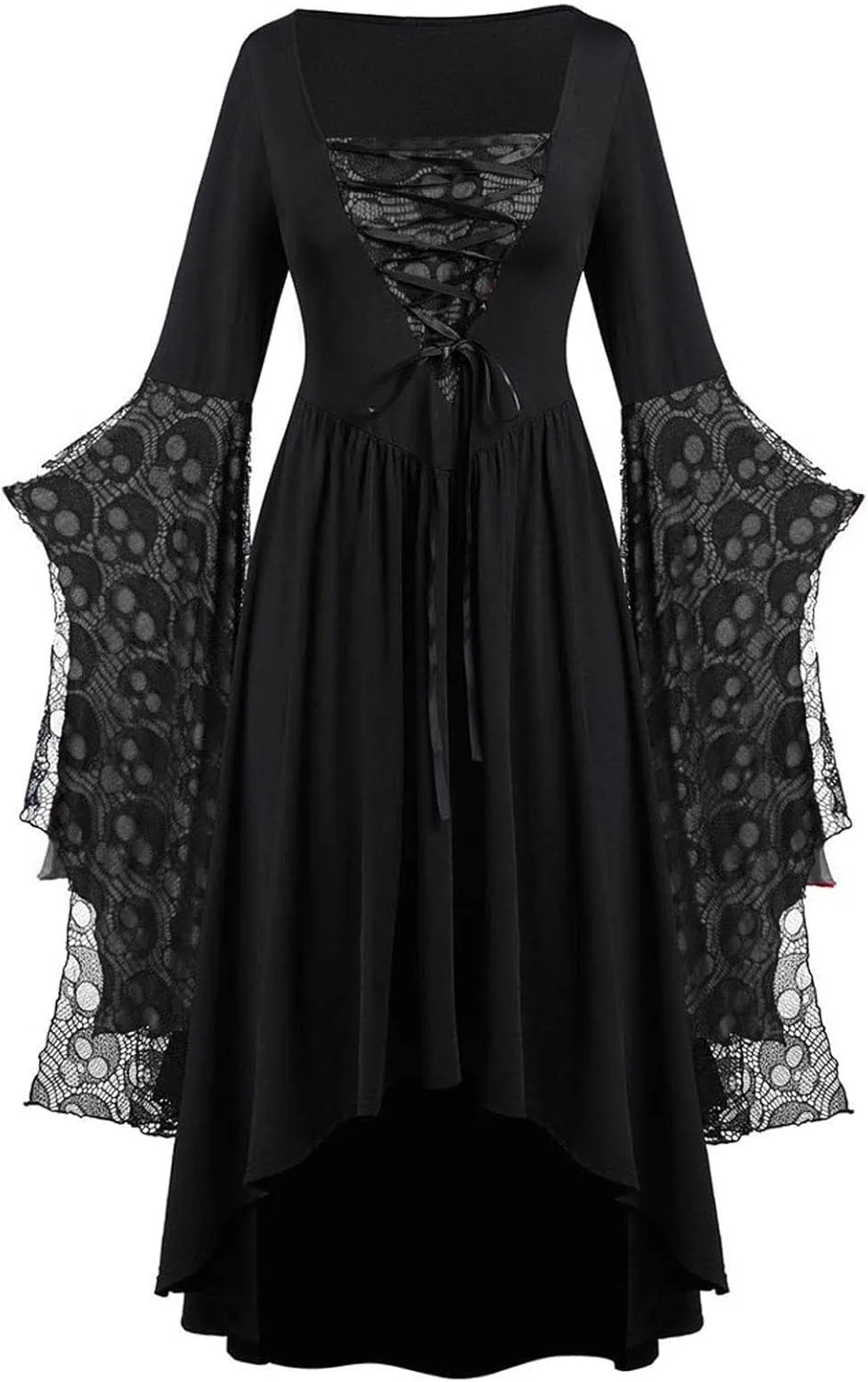 Vacation Halloween Dresses for Women Sleeve V Neck Lace Skull Midi Vintage Goth Thermal Fuzzy Dresses Women