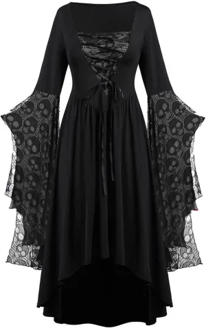 Vacation Halloween Dresses for Women Sleeve V Neck Lace Skull Midi Vintage Goth Thermal Fuzzy Dresses Women