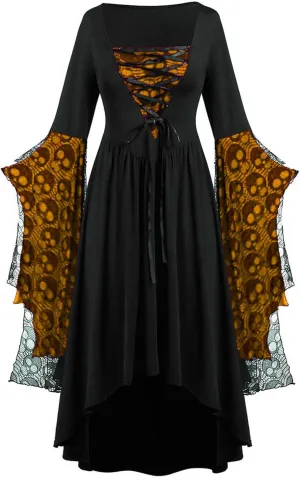 Vacation Halloween Dresses for Women Sleeve V Neck Lace Skull Midi Vintage Goth Thermal Fuzzy Dresses Women