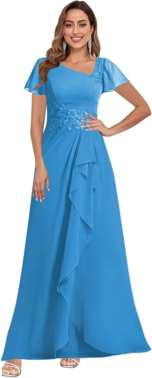 VGZ Lace Appliques Mother of The Bride Dresses for Wedding Chiffon V Neck Formal Evening Dress with Sleeves
