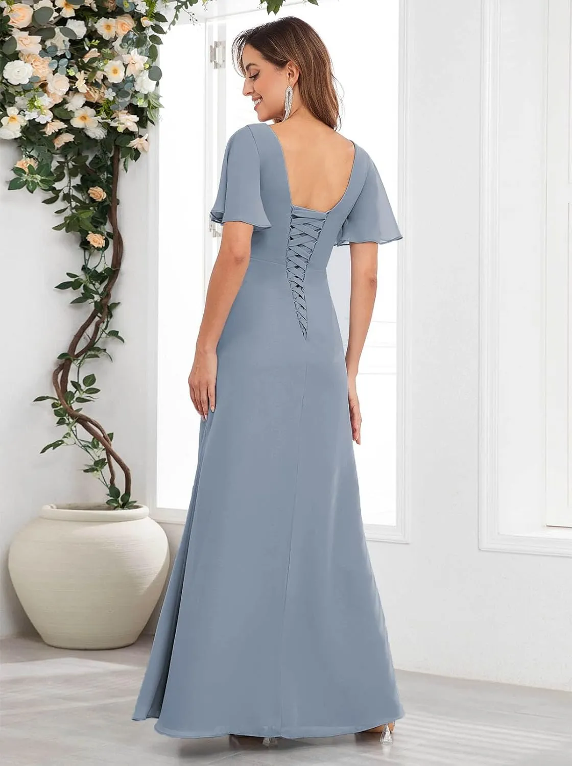 VGZ Lace Appliques Mother of The Bride Dresses for Wedding Chiffon V Neck Formal Evening Dress with Sleeves