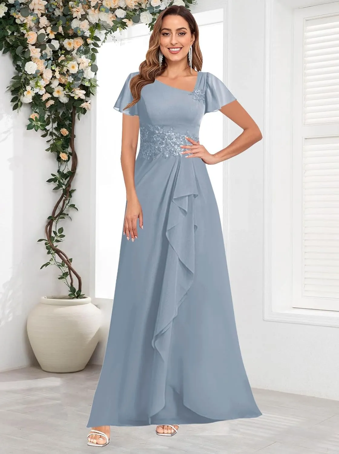 VGZ Lace Appliques Mother of The Bride Dresses for Wedding Chiffon V Neck Formal Evening Dress with Sleeves