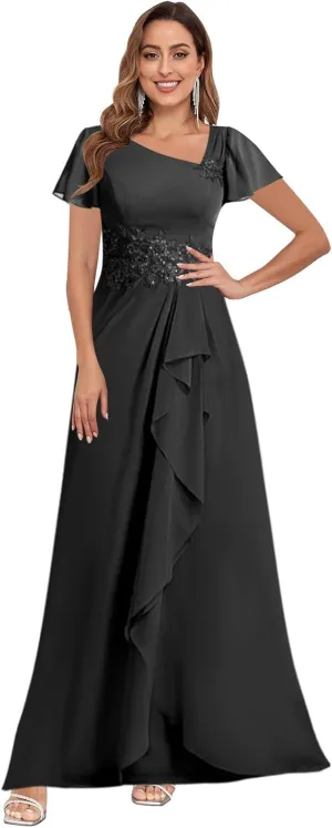VGZ Lace Appliques Mother of The Bride Dresses for Wedding Chiffon V Neck Formal Evening Dress with Sleeves