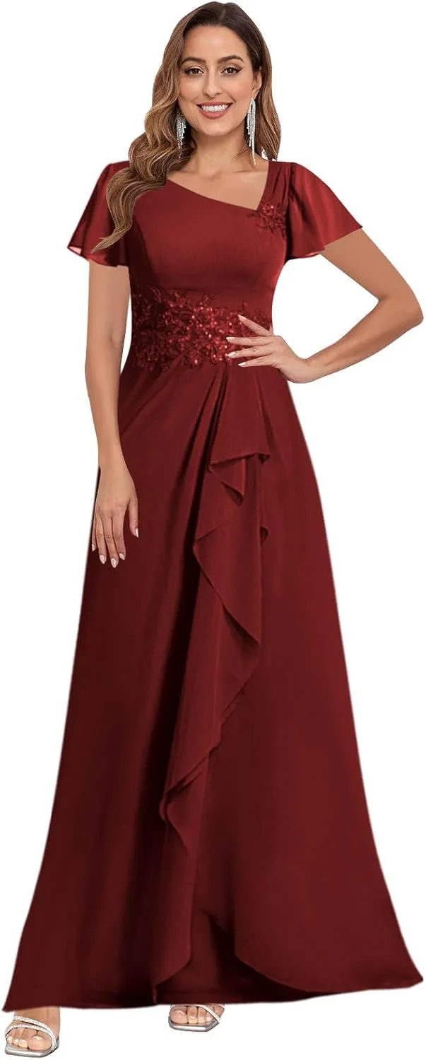 VGZ Lace Appliques Mother of The Bride Dresses for Wedding Chiffon V Neck Formal Evening Dress with Sleeves