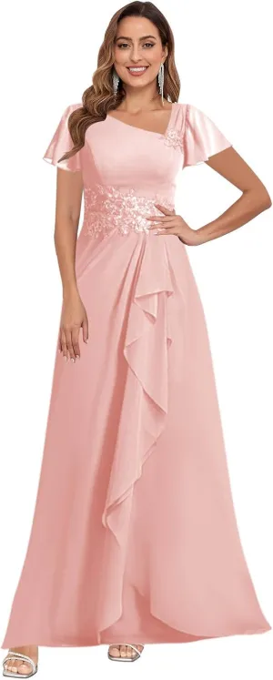 VGZ Lace Appliques Mother of The Bride Dresses for Wedding Chiffon V Neck Formal Evening Dress with Sleeves