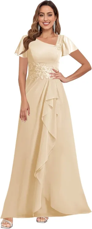 VGZ Lace Appliques Mother of The Bride Dresses for Wedding Chiffon V Neck Formal Evening Dress with Sleeves
