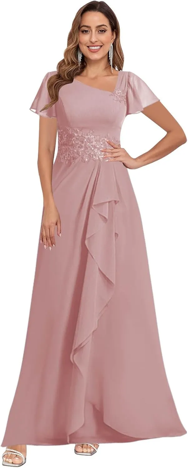 VGZ Lace Appliques Mother of The Bride Dresses for Wedding Chiffon V Neck Formal Evening Dress with Sleeves
