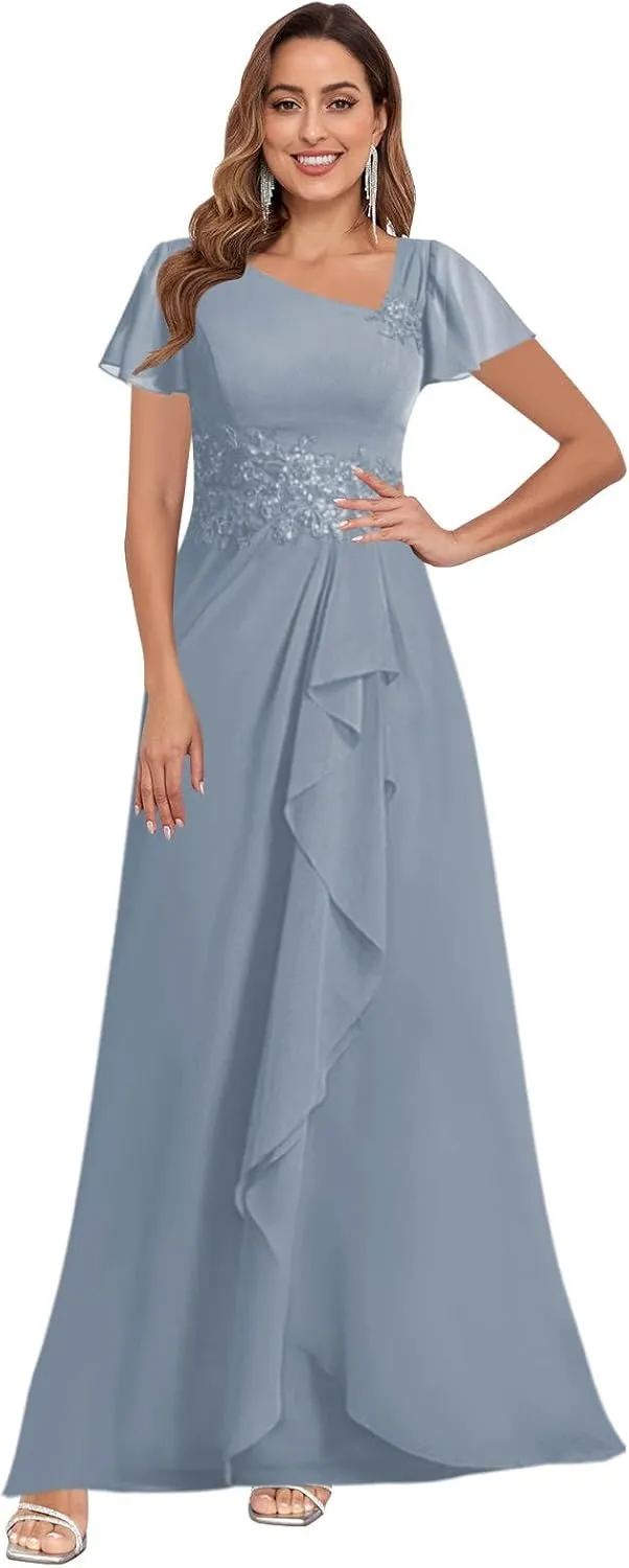 VGZ Lace Appliques Mother of The Bride Dresses for Wedding Chiffon V Neck Formal Evening Dress with Sleeves