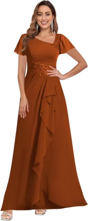 VGZ Lace Appliques Mother of The Bride Dresses for Wedding Chiffon V Neck Formal Evening Dress with Sleeves