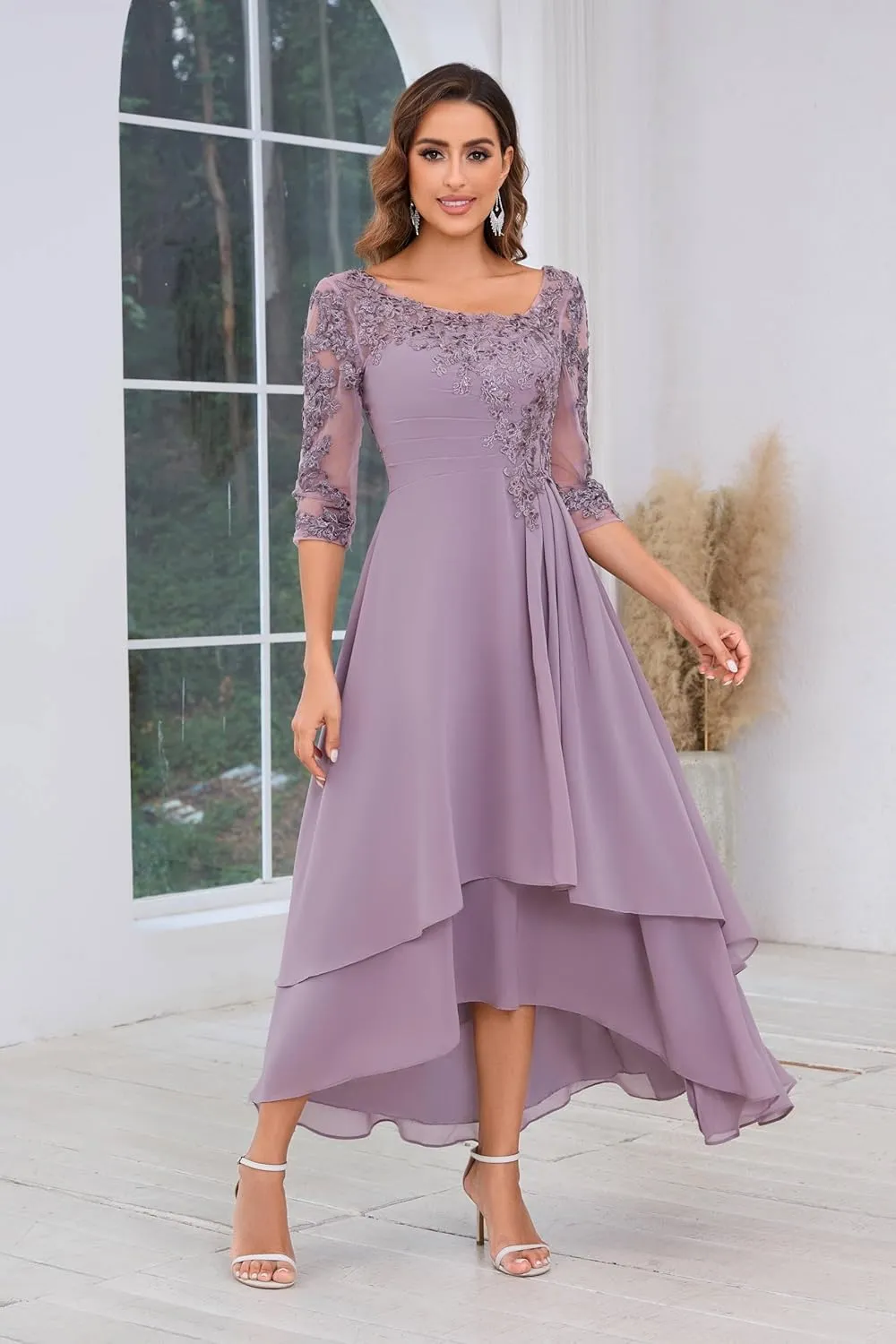 VGZ Lace Appliques Mother of The Bride Dresses for Wedding Tea Length Chiffon Mother of The Groom Dress