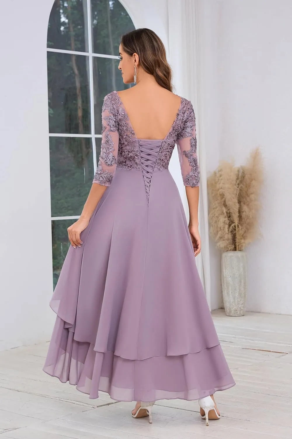 VGZ Lace Appliques Mother of The Bride Dresses for Wedding Tea Length Chiffon Mother of The Groom Dress