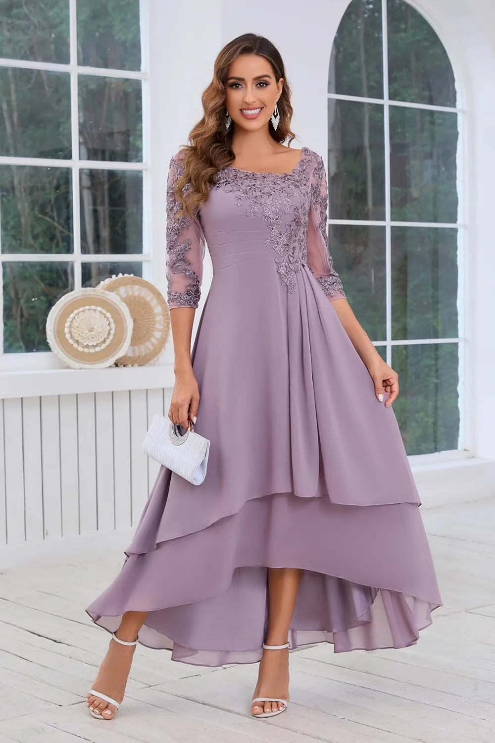 VGZ Lace Appliques Mother of The Bride Dresses for Wedding Tea Length Chiffon Mother of The Groom Dress