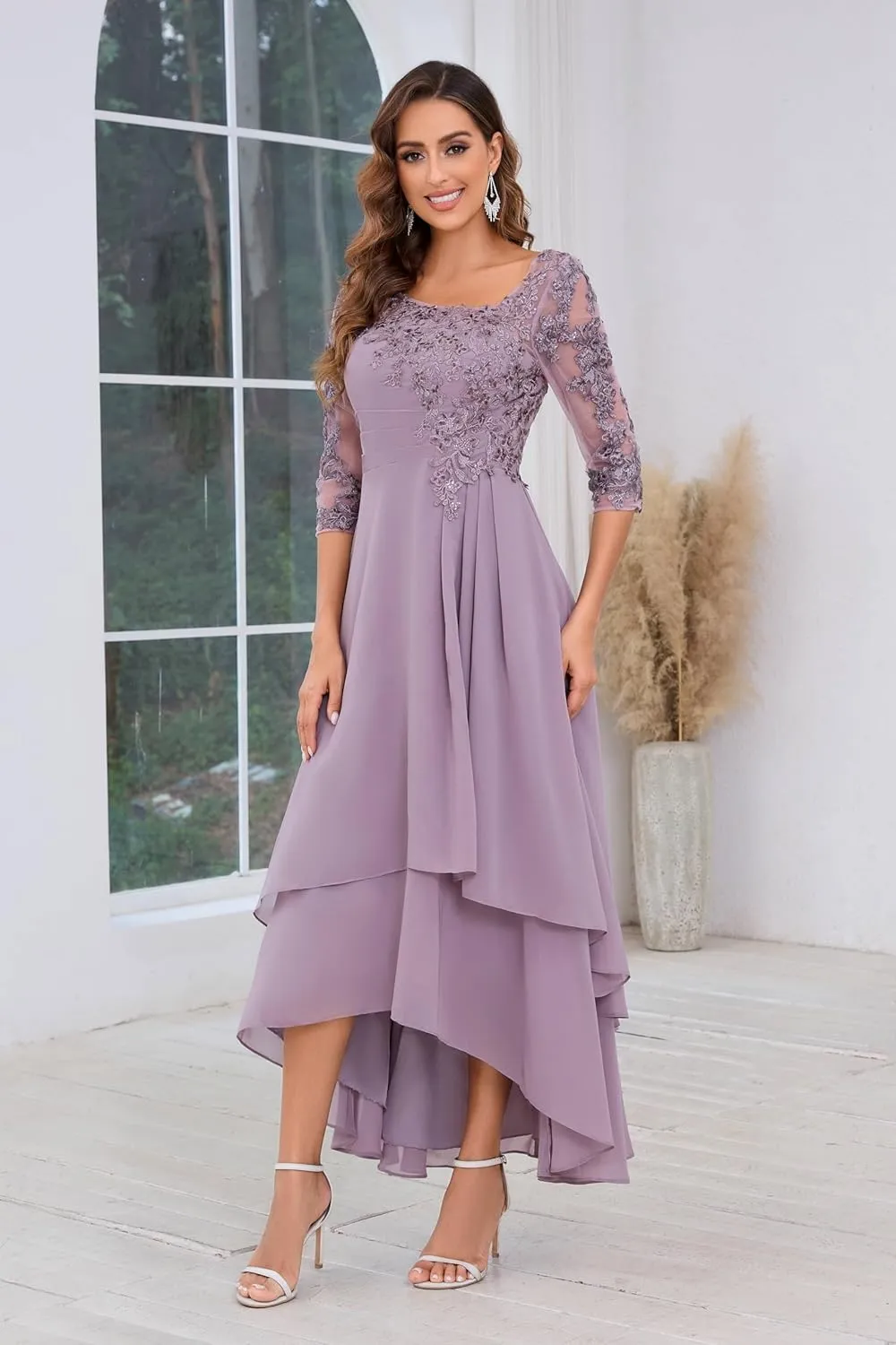 VGZ Lace Appliques Mother of The Bride Dresses for Wedding Tea Length Chiffon Mother of The Groom Dress