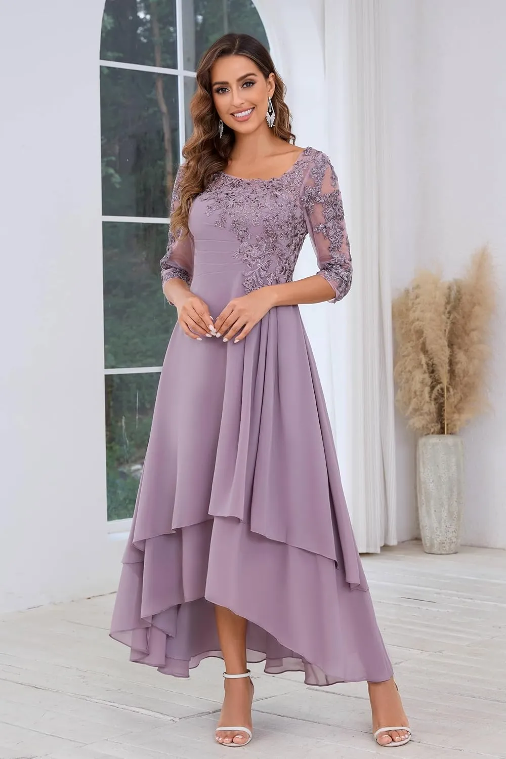 VGZ Lace Appliques Mother of The Bride Dresses for Wedding Tea Length Chiffon Mother of The Groom Dress
