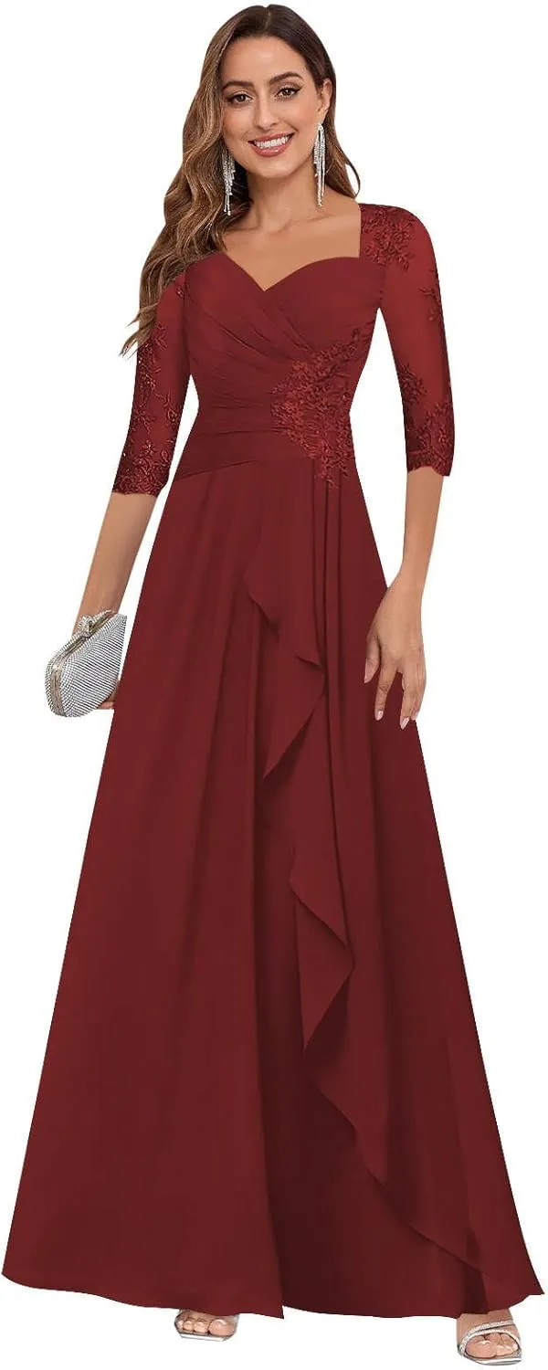 VGZ Lace Appliques Mother of The Bride Dresses for Women Chiffon Formal Mother of The Groom Dress with Sleeves