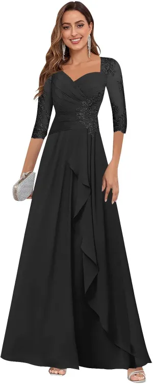 VGZ Lace Appliques Mother of The Bride Dresses for Women Chiffon Formal Mother of The Groom Dress with Sleeves
