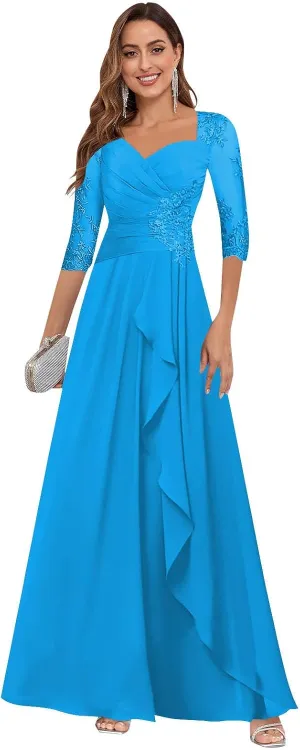 VGZ Lace Appliques Mother of The Bride Dresses for Women Chiffon Formal Mother of The Groom Dress with Sleeves