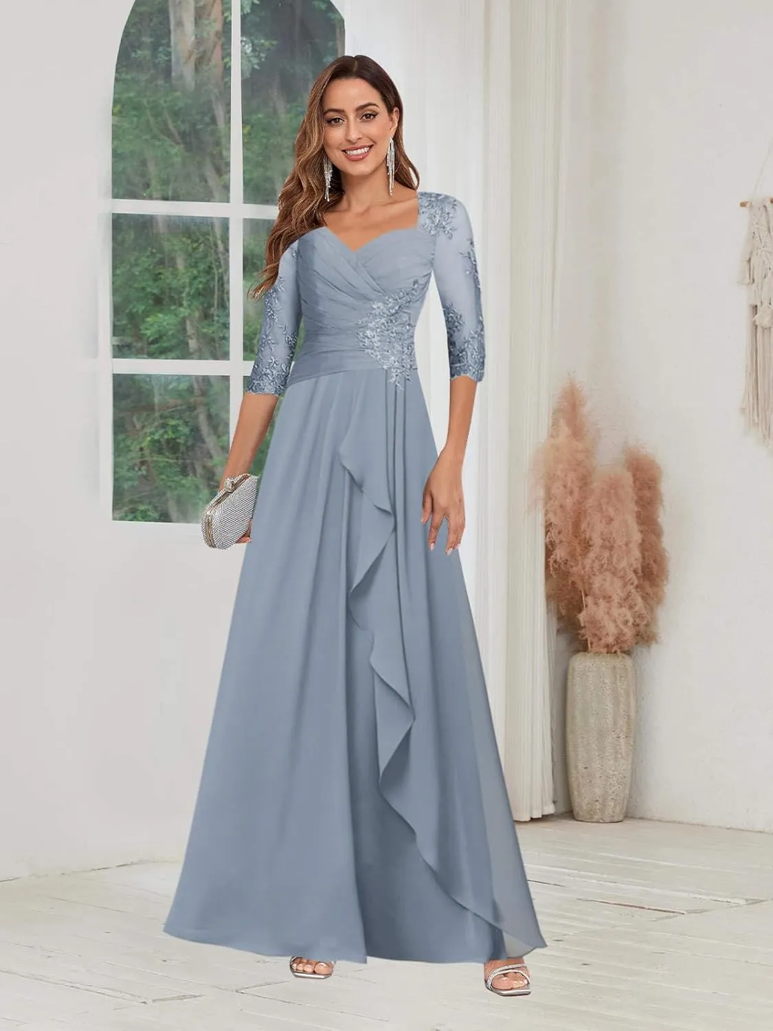 VGZ Lace Appliques Mother of The Bride Dresses for Women Chiffon Formal Mother of The Groom Dress with Sleeves