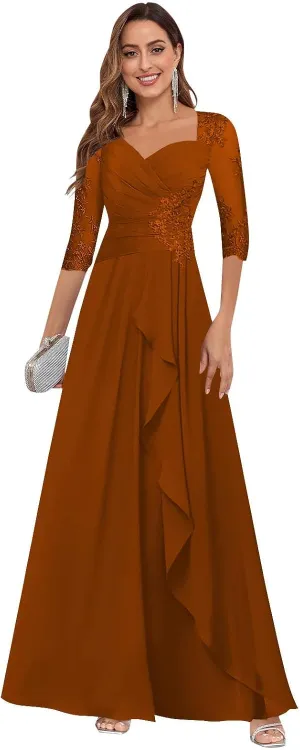 VGZ Lace Appliques Mother of The Bride Dresses for Women Chiffon Formal Mother of The Groom Dress with Sleeves