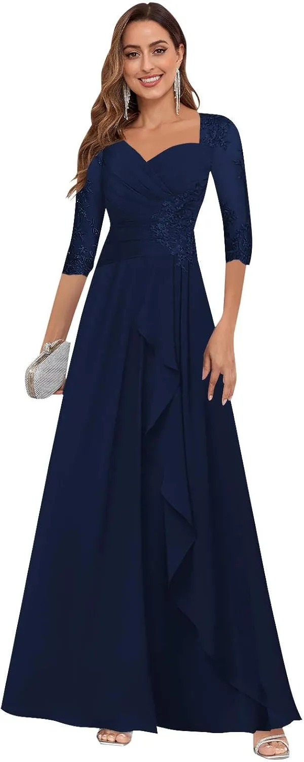 VGZ Lace Appliques Mother of The Bride Dresses for Women Chiffon Formal Mother of The Groom Dress with Sleeves