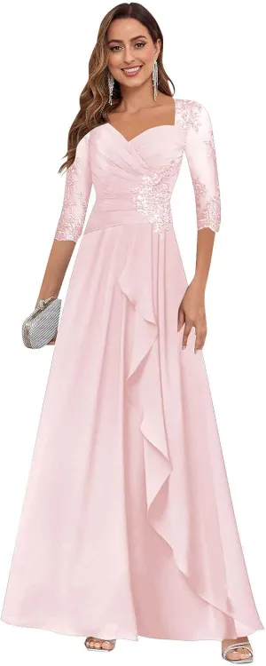 VGZ Lace Appliques Mother of The Bride Dresses for Women Chiffon Formal Mother of The Groom Dress with Sleeves