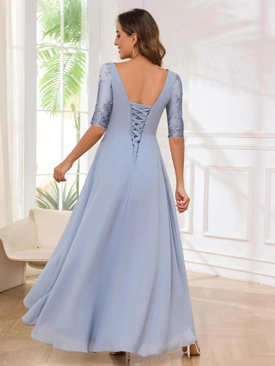 VGZ Lace Appliques Mother of The Bride Dresses for Women Chiffon Formal Mother of The Groom Dress with Sleeves
