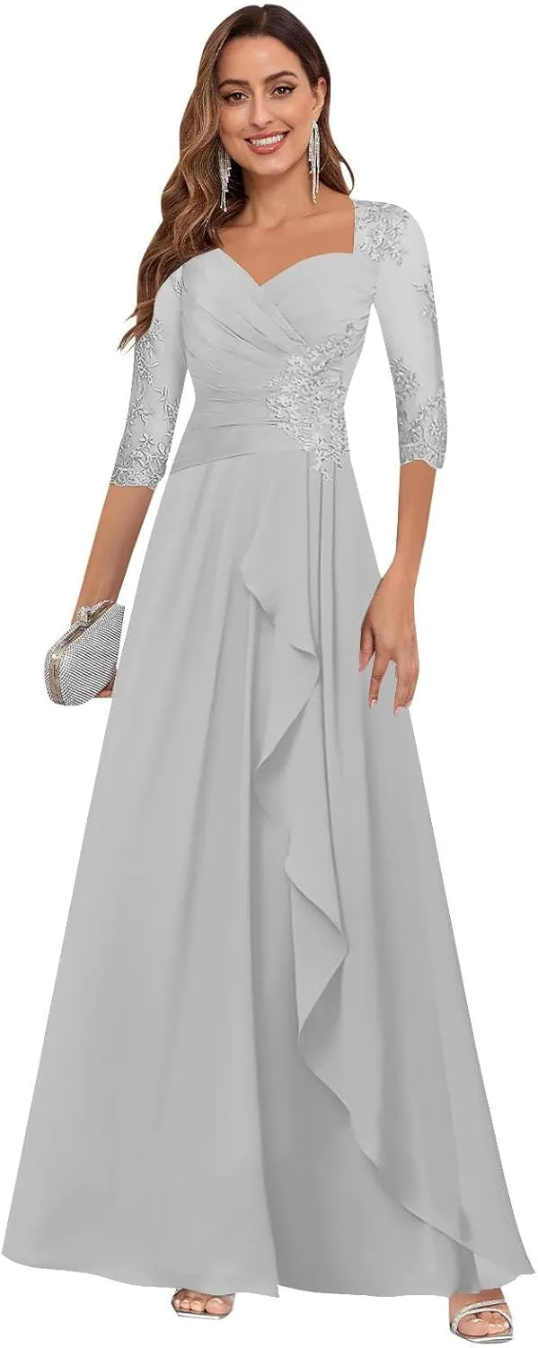 VGZ Lace Appliques Mother of The Bride Dresses for Women Chiffon Formal Mother of The Groom Dress with Sleeves