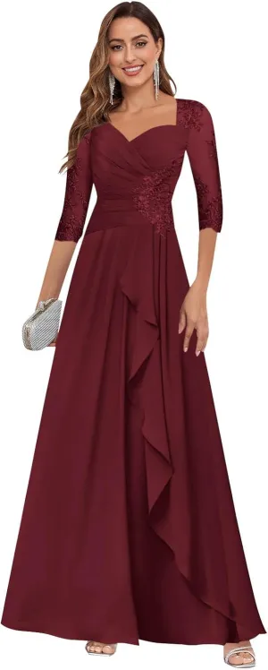VGZ Lace Appliques Mother of The Bride Dresses for Women Chiffon Formal Mother of The Groom Dress with Sleeves