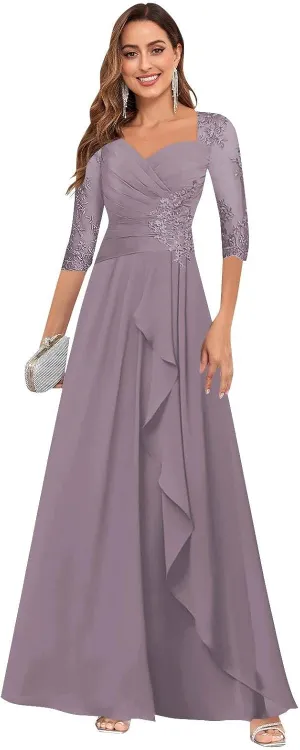 VGZ Lace Appliques Mother of The Bride Dresses for Women Chiffon Formal Mother of The Groom Dress with Sleeves