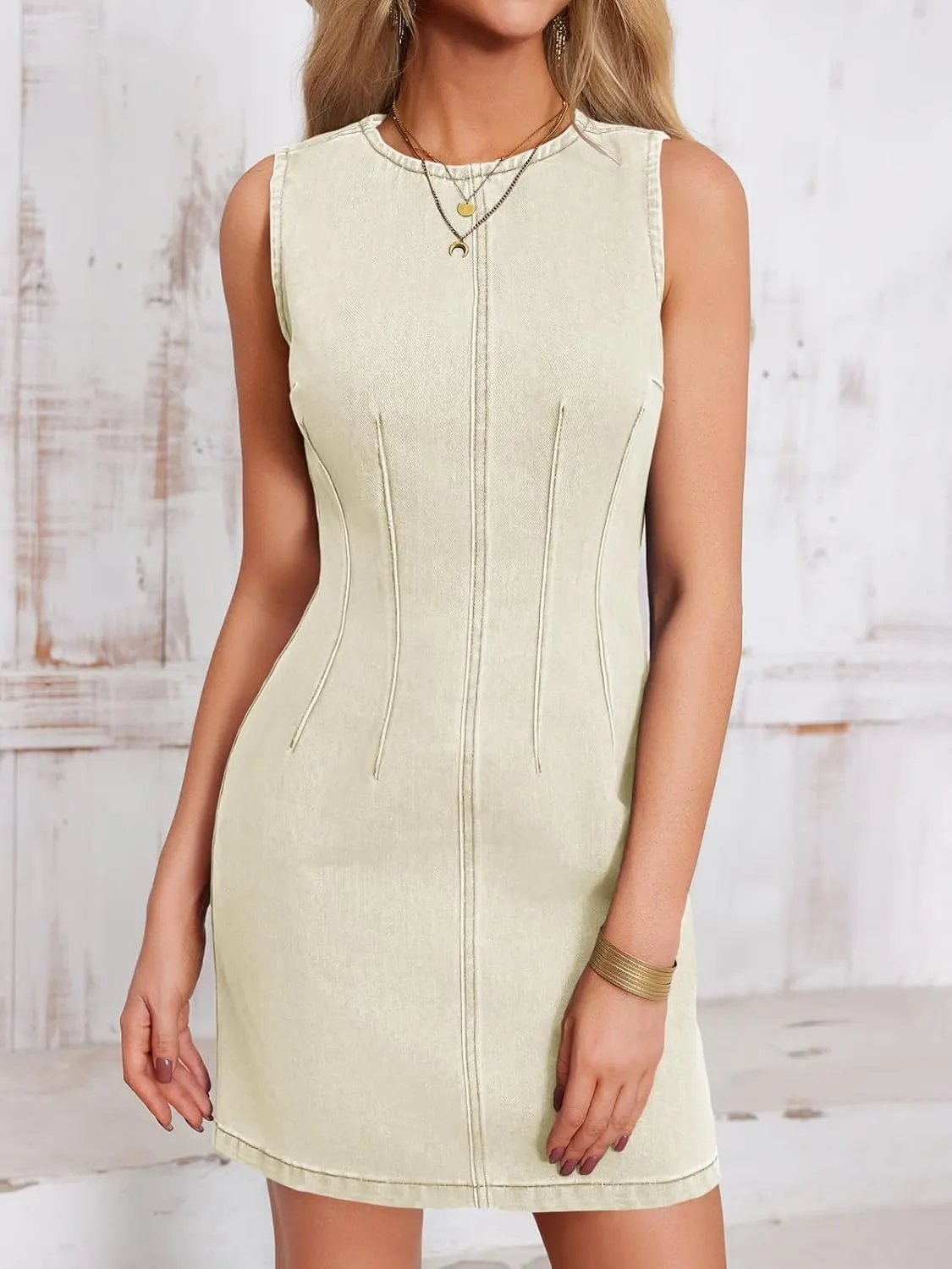 Wenrine Womens Denim Mini Dress Casual Sleeveless Crewneck Summer Jean Tank Dresses