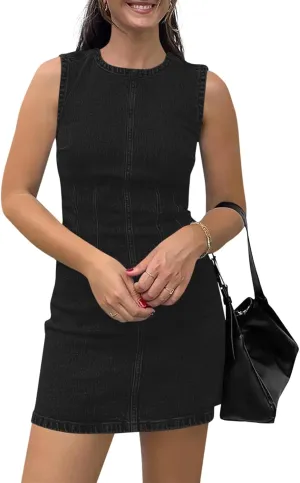 Wenrine Womens Denim Mini Dress Casual Sleeveless Crewneck Summer Jean Tank Dresses