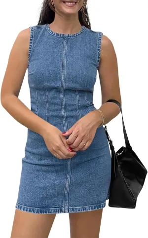 Wenrine Womens Denim Mini Dress Casual Sleeveless Crewneck Summer Jean Tank Dresses