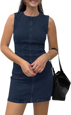 Wenrine Womens Denim Mini Dress Casual Sleeveless Crewneck Summer Jean Tank Dresses